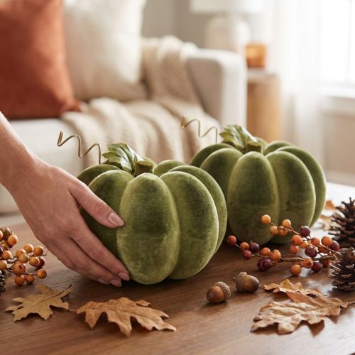 Pompoendecoratie met fluweelachtige afwerking, 20 cm, groene pompoen, fluweellook, 2 stuks | Floristik24.nl