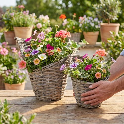 Bloempot/plantenmand van natuurlijk wilgenhout Ø12,5 cm/20 cm, 2-delige set, vintage rustieke decoratie | Floristik24.nl