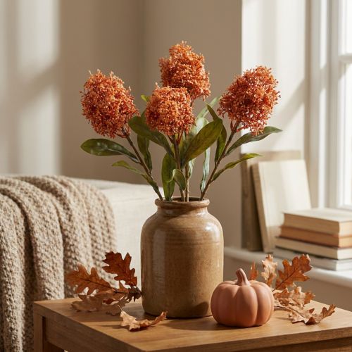Kunstbloemen van Skimmia Japonica, oranje, met een droge look, 59 cm, 3 stuks | Floristik24.nl