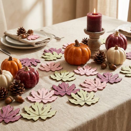 Houten decoratie, herfstbladeren, tafeldecoratie, paars, roze, groen, 4 cm, 72 stuks | Floristik24.nl