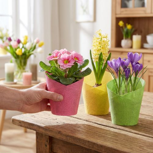 Plantenbak papier plantenpot geweven roze geel groen Ø9cm H18cm 9st | Floristik24.nl