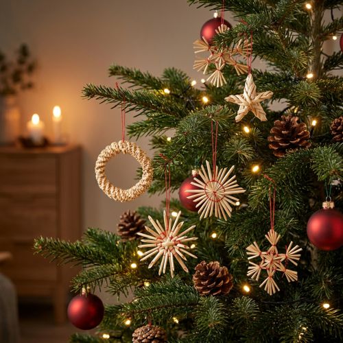 Strosterren kerstboomversiering stro naturel rood Ø4-6cm 17 st | Floristik24.nl