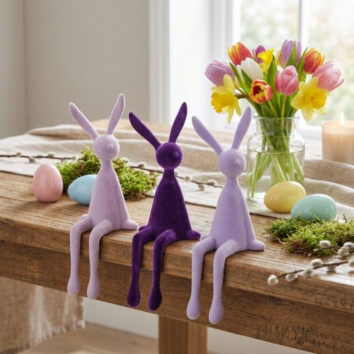 Paashaasje voor op een plank, lila, fluweelachtig, 36 cm, 3 stuks | Floristik24.nl