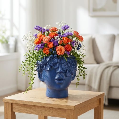Plantenkop Polyresin Bust Plantenbak Blauw 13,5×13×14cm | Floristik24.nl