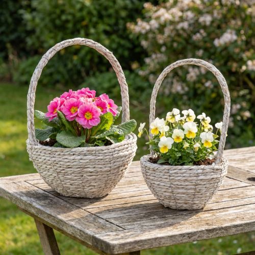 Plantenmandenset (2-delig), stro, naturel, wit, Ø23/28, shabby chic | Floristik24.nl