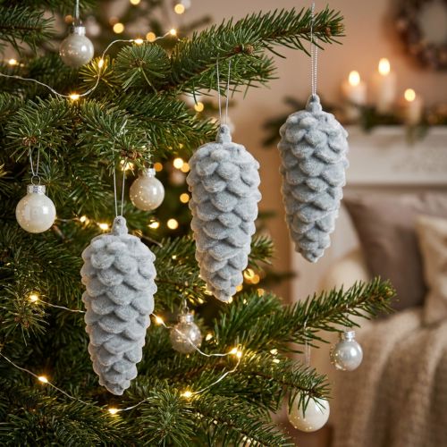 Dennenappels, grijs gevlokt, 11,5 cm, 6 stuks, decoratie | Floristik24.nl