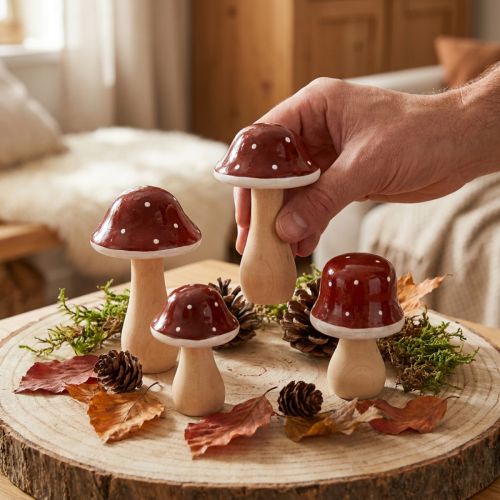 Houten paddenstoelen, decoratie, hout, FSC, roodbruin, H6,5/7 cm, 4 stuks | Floristik24.nl