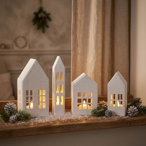 Artikel Miniatuurhuisjes voor interieurdecoratie en sfeer, zeer decoratief, tijdloos design voor in huis, 14 cm, 4 stuks