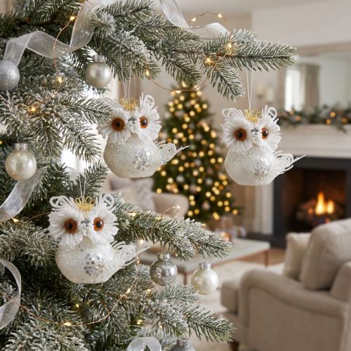 Decoratieve uil met kroon om op te hangen, wit, met glitter, 6,5 × 8 cm, 6 stuks. | Floristik24.nl