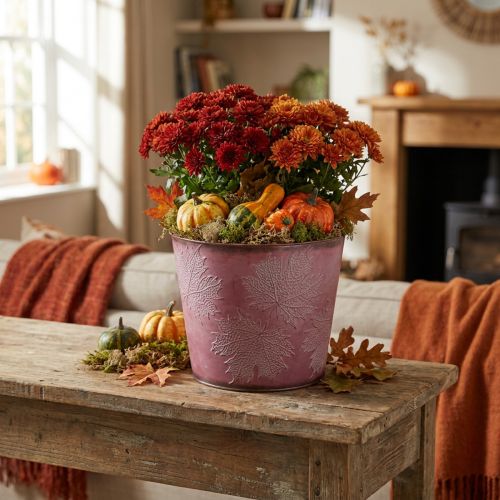 Herfstpot, plantenemmer, metalen decoratie met bladeren wijnrood Ø25.5cm H22cm | Floristik24.nl