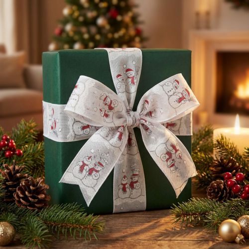 Artikel Cadeaulint Kerstsneeuwman Winter Rood Wit 40mm 15m