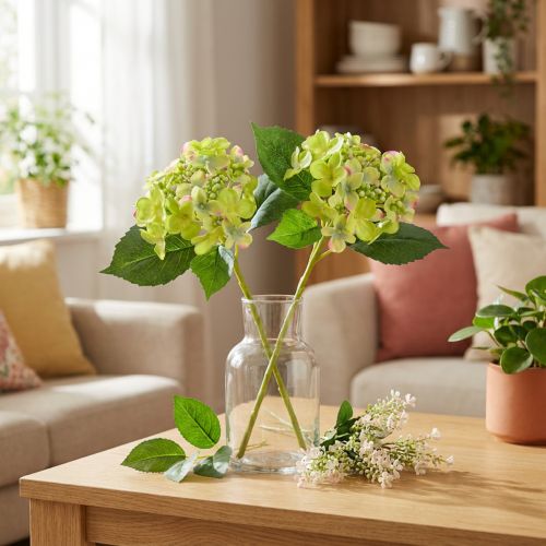 Kunsthortensia's Groene Bloemen Bladeren L43cm 2st | Floristik24.nl