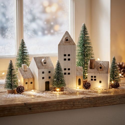Mini Kerstdorp Houten Decoratie Wit Naturel H13/7cm 6 stuks | Floristik24.nl