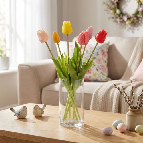 Artikel Kunstmatig tulpenboeket, kleurrijk, realistische decoratie, hoge kwaliteit voor thuis, 43 cm, 7 stuks