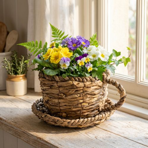 Plantenpotje met schotel, klein rieten plantenmandje, Ø17cm H13cm | Floristik24.nl