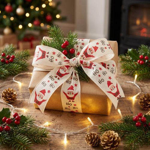 Kerstlint met Kerstman katoenen lint crème 40mm 15m | Floristik24.nl