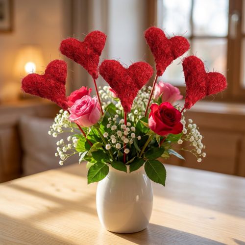 Sisal hart 5cm rood op stok 24 st | Floristik24.nl