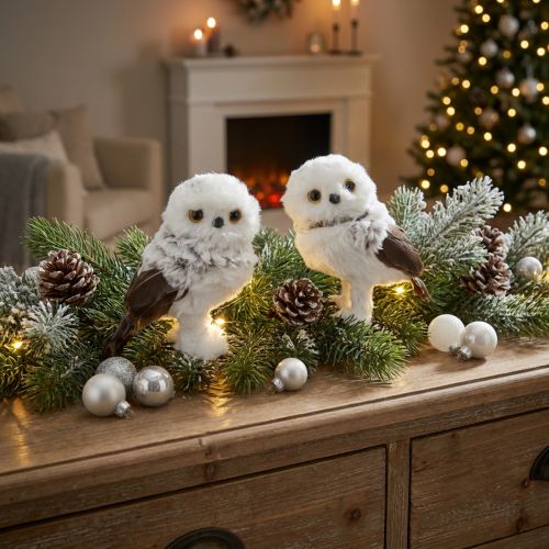 Decoratief beeldje van een sneeuwuil, uilenpaar, wit en bruin, 12 cm hoog, 2 stuks | Floristik24.nl