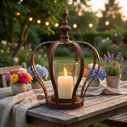 Lantaarn Kroon Bruin Roest Met Kaars Glas Ø14cm H18cm | Floristik24.nl