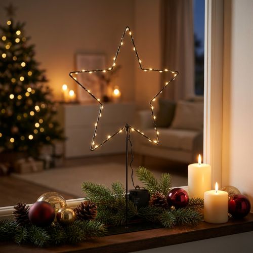 LED-ster met batterijcompartiment op standaard voor vensterbank en tafel, 46 cm. | Floristik24.nl