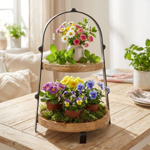 Houten en metalen etagère, naturel zwart, 2 etages, Ø25,5 cm, H38 cm | Floristik24.nl