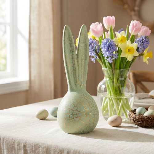 Konijnenkop Paashaas decoratie mintgroen goud craquelé H28cm | Floristik24.nl