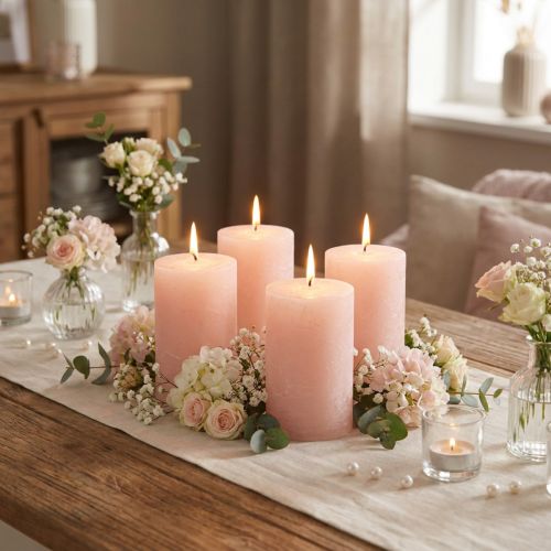 Artikel Romantische effen roze pilaarkaarsen, lichtroze, 70×80mm, set van 4 - Decoratieve kaarsen voor een gezellige sfeer