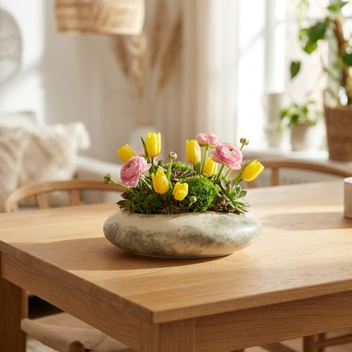 Decoratieve kom ovale platte keramiek kom crème grijsgroen 19×14×5cm | Floristik24.nl