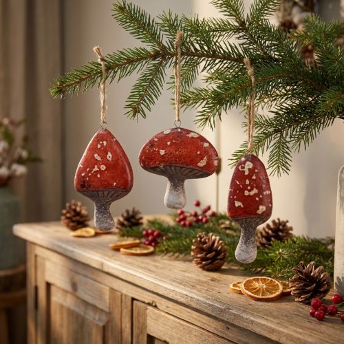 Charmante rode paddenstoelornamenten met jutetouw, 3 cm – Perfecte herfst- en kerstdecoratie – 6 stuks | Floristik24.nl