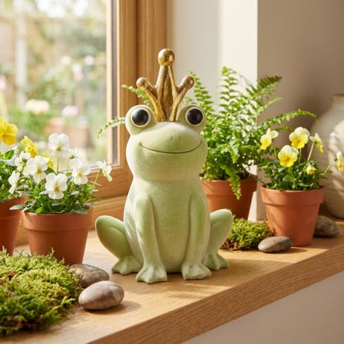 Decoratieve kikker met kroon kikkerprins decoratie lichtgroen 40,5cm | Floristik24.nl