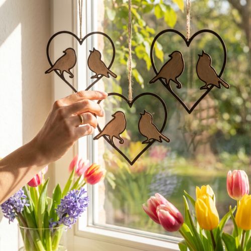 Hangdecoratie hart met vogels decoratie om op te hangen 12 cm 4 stuks | Floristik24.nl