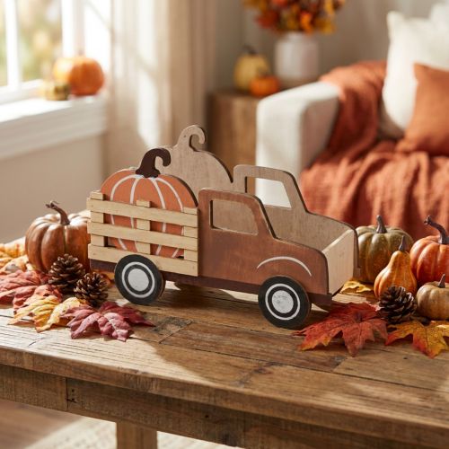 Tafeldecoratie herfstpompoendecoratie bestelwagen hout 20×7,5×12,5cm | Floristik24.nl