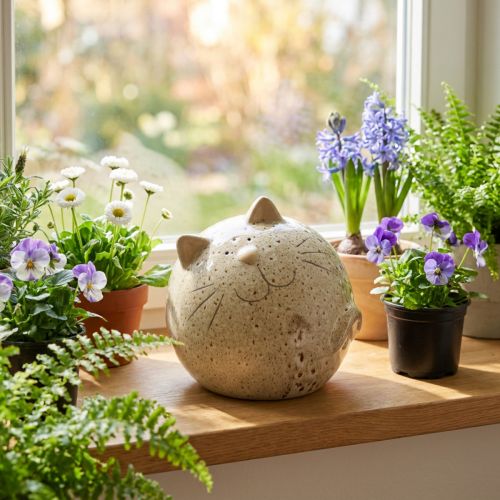 Keramische kattenfiguur, rond ontwerp, geschikt voor de woonkamer of slaapkamer, 13 cm | Floristik24.nl