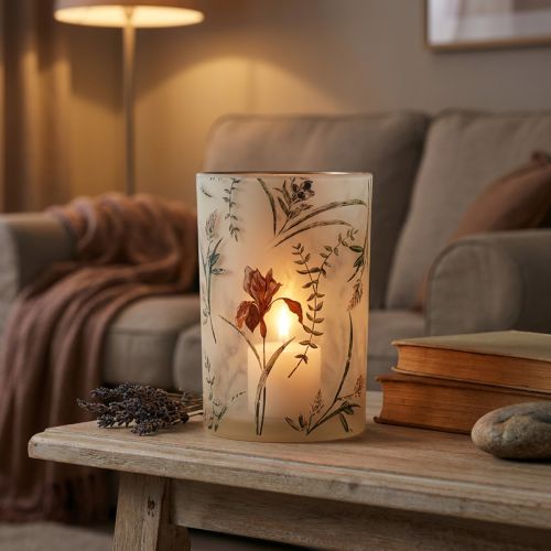 Artikel Glazen theelichthouder met bloemenmotief voor gezellige momenten in huis, 18 cm