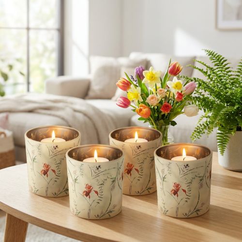 Artikel Decoratieve glazen lantaarn met bloemenmotief voor een sfeervolle inrichting, 8 cm, 4 stuks.