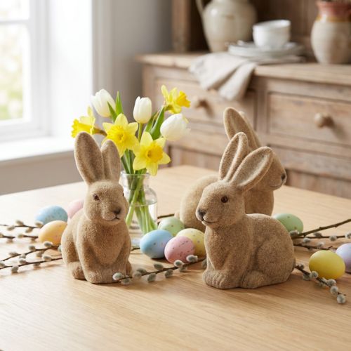 Decoratieve zittende paashazen bruin – 2e keus – gevlokt H15cm 4 st. | Floristik24.nl