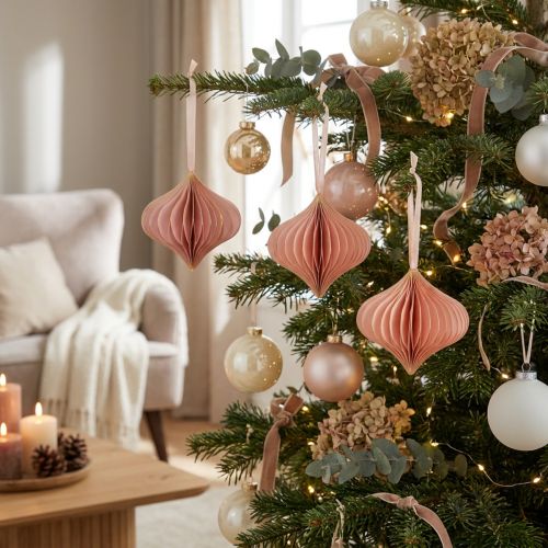 Kerstversiering van papier, vintage roze abrikoos, Ø8cm, set van 4 | Floristik24.nl