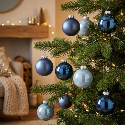 Artikel Glazen kerstballen, set van 3 – lichtblauw, blauw, metallic blauw &amp; mat, met hanger, 6 cm, 24 stuks