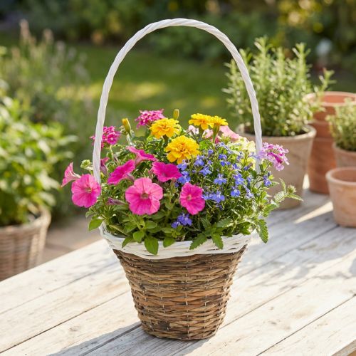 Artikel Handvatmand, naturel mand voor opplant, bloemenmand rond naturel, wit H49cm Ø23.5cm