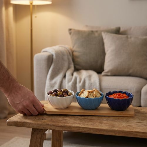 Artikel Tapasset met keramiek kommen op dienblad blauw en wit 40×10cm