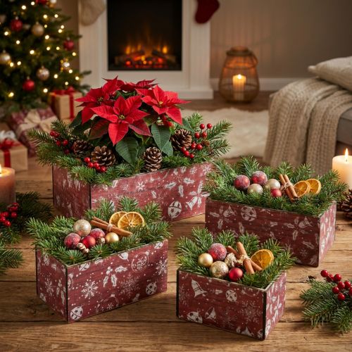 Vintage kerstbloembak, houten plantenbak, rood, 24-40cm, set van 4 | Floristik24.nl