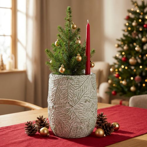 Plantenbak keramiek groen wit grijs dennentakken Ø12cm H17.5cm | Floristik24.nl
