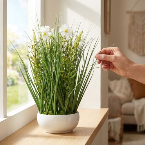 Decoratief gras met Cosmea bloemen in een schaal H45cm | Floristik24.nl