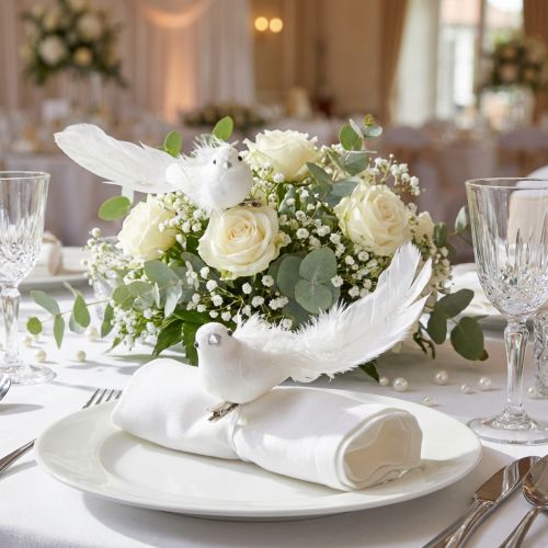 Artikel Decoratieve duiven op clips, duivenpaar met veren en glitter, wit, 16 cm, 2 stuks