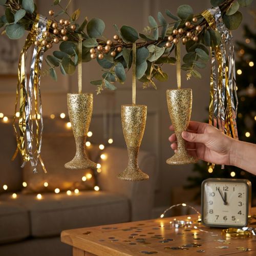 Artikel Champagne glas hanger licht goud oudejaarsavond decoratie 15cm 3st