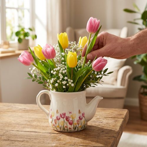 Keramische kan met bloemenmotief voor een lenteachtig accent in de woonkamer, 20 cm. | Floristik24.nl