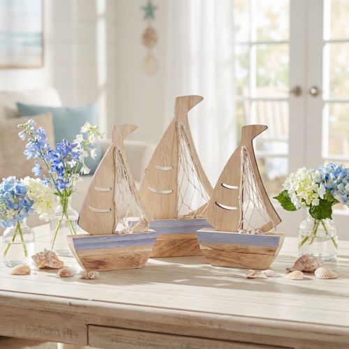 Zeilbootdecoratiestandaard hout natuurlijk lichtblauw 25,5×16,5cm 3 st | Floristik24.nl