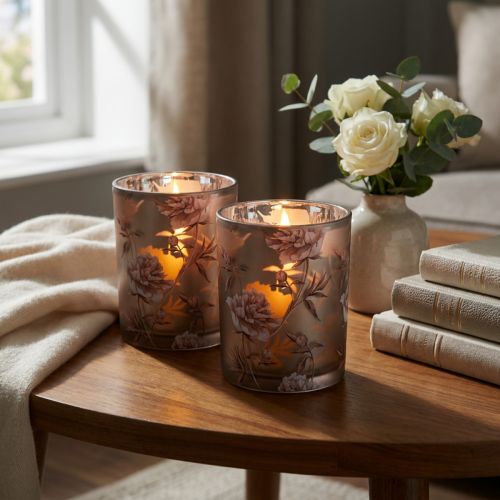 Decoratieve glazen lantaarn pioenrozen zilverbruin H12,5cm 2 stuks | Floristik24.nl