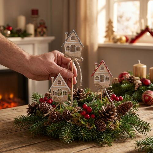 Sierpluggen Kerstversiering huisjes hout 4,5x5cm 12 st | Floristik24.nl