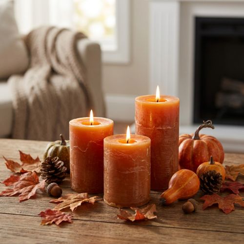 Donkeroranje pilaarkaarsen, geheel effen, Sunset Rustic, 60x80mm, set van 4, voor herfst- en adventsdecoraties | Floristik24.nl